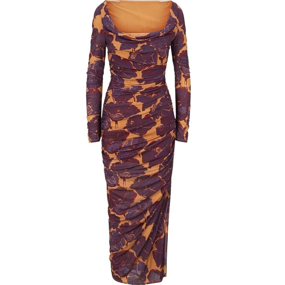 Staud Solana Floral Corset Ruched Mesh Long Sleeve Maxi Dress Womens XS